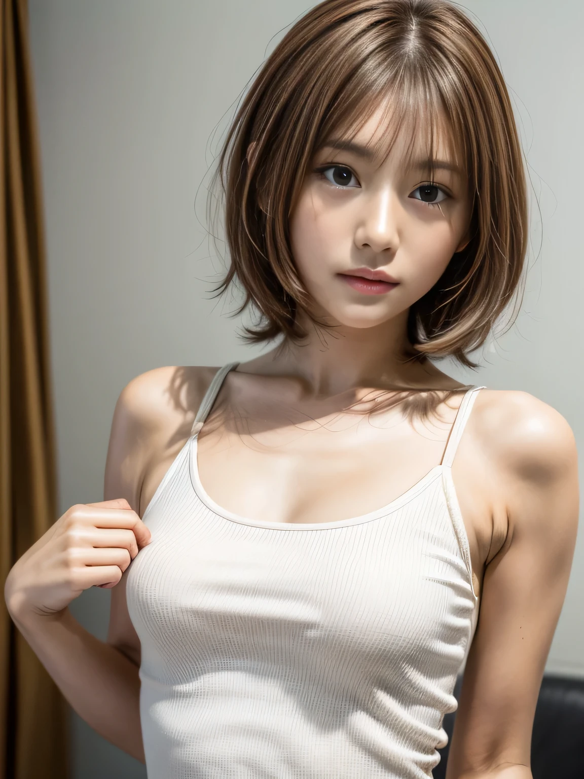 (8k, RAW Photos, highest quality, masterpiece:1.2), (Realistic, photo-Realistic:1.4), (Highly detailed 8k wallpaper), Famous Japanese Idols, 20 year old girl, Korean Model, Narrow Face, Detailed face, Perfect female body, Toned Up, Medium Short Hair, Messy Hair, Blunt bangs, Light brown hair, camisole, Happiness like a goddess,