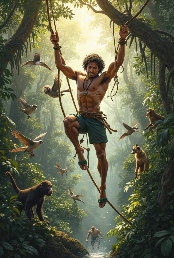 a man jumping from a tree to another tree, no clothing just fur skin for the lower garment, man holding spear while jumping, handsome man, man is a teenager, young adult