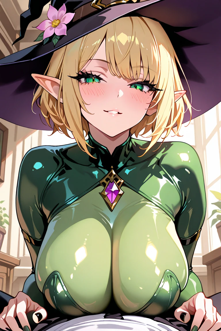 ((Best Quality)), ((Masterpiece)), (detailed), 1 girl, Pastel yellow hair, wide, hair covers one eye, purple eyes, tight, big breasts, big thighs, expression smiling shy, at home, elf cosplay