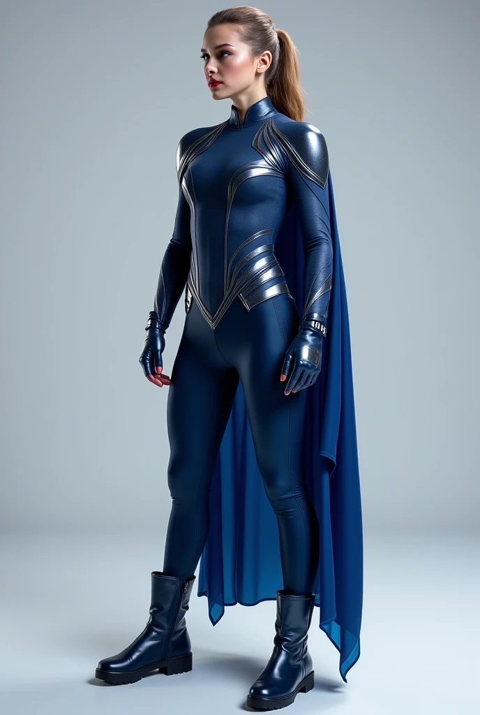 Create a superheroine whose power is to control water with a black superheroine suit with blue details 