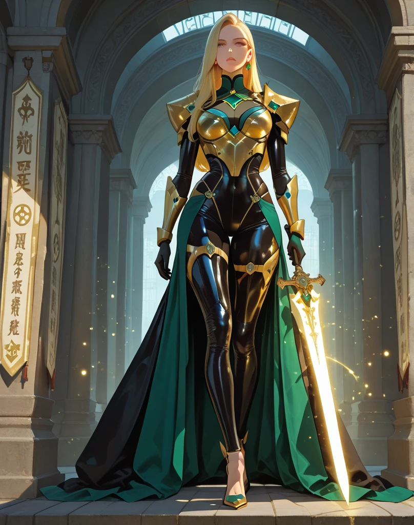 Beauty with green long hair ,Golden forehead protector,Japanese lightning totem black armor,cleavage,Bare Legs,,broadsword,Standing,dark clouds thunder and lightning