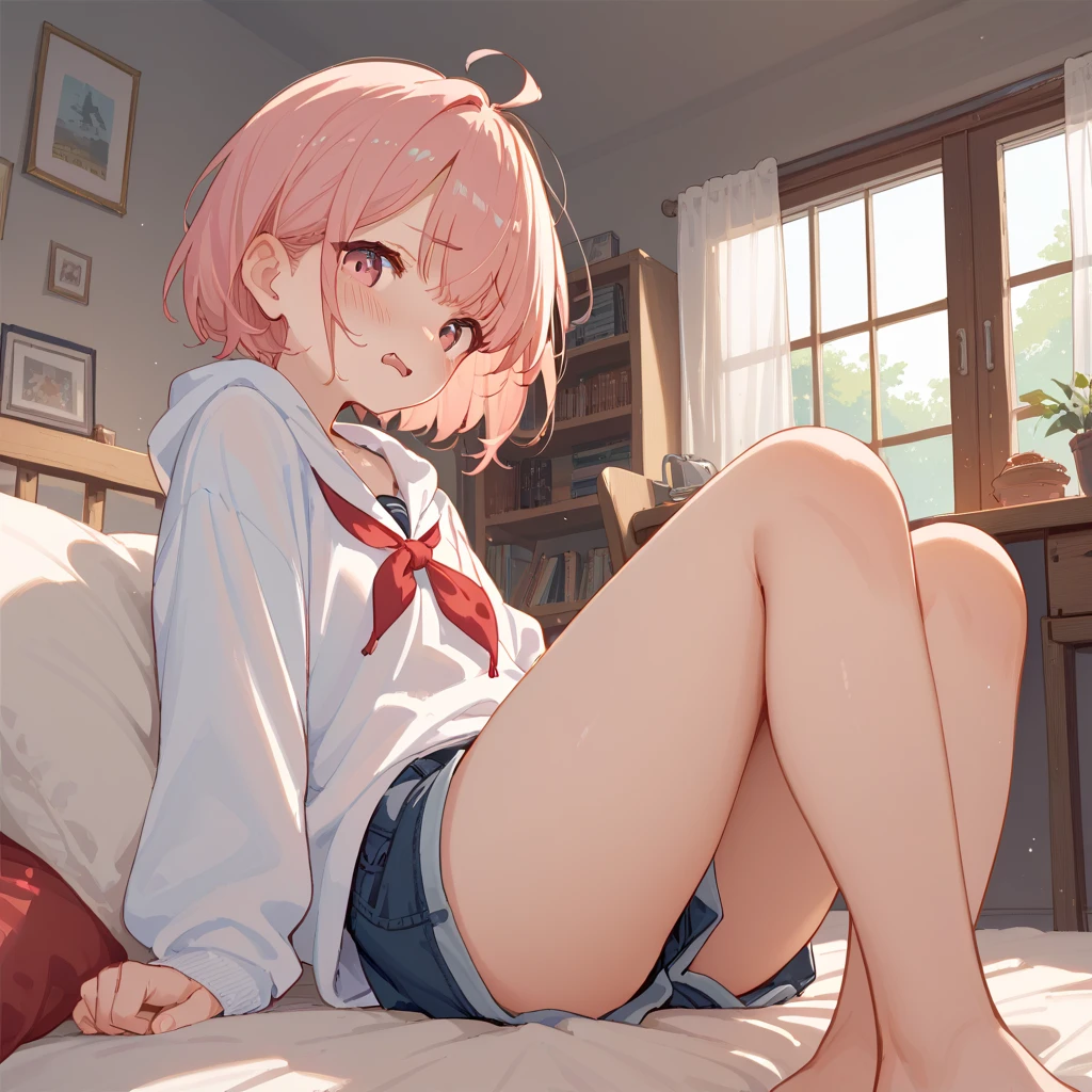 a cute, short and flat chest student anime girl with pink hair and red eyes look at you from a certain distance. her face shows a slight blush and a wave of emotions, her furrowed brows showing a expression of sadness, maybe just a bit of anger. she is a tsundere. she wears a sailor uniform or a dress in white, pink and blue colors and has a necklace around her neck in the form of a bow. she wears a cute pair of shoes and stockings.