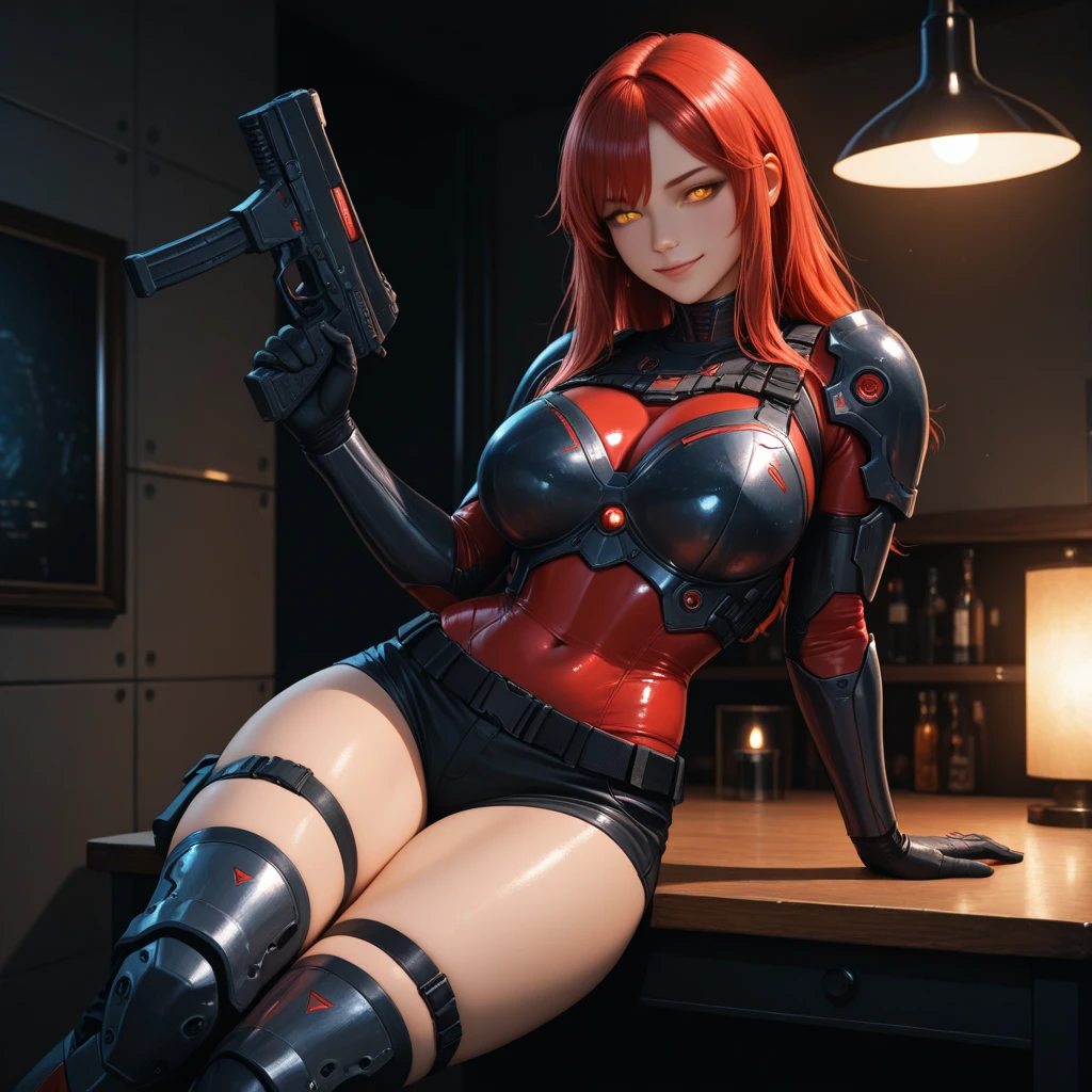 ((Masterpiece, highest quality; 1.3)), super quality, beautiful detail, super detailed, extra fine, 16K, exquisite, absurd, high resolution, beautiful background, detailed background, beautiful eyes, beautiful skin, anime style, Kay from Dirty Pair in a white outfit, tight outfit, cleavage, bushy redhead beauty, very light blue uniform, wearing tight clothes, skimpy, (mid chest: 1.2), cleavage, cleavage, slim waist , thin waist, slim thighs, thin legs, slim legs. thigh gap, showing stomach, skinny, thin hips, cyberpunk city background, holding retro space gun , headband,