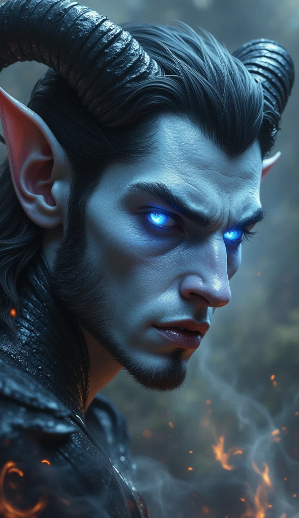 8k, ultra quality, hyperrealistic, photo, fantasy, dark elf man, blue skin, detailed, detailed skin, detailed face, artificial low light, bright, sunlight, outdoor Huge cave, dnd, slate atmosphere, cinematic, dimmed colors, dark shot, muted colors, film grainy, lut, spooky