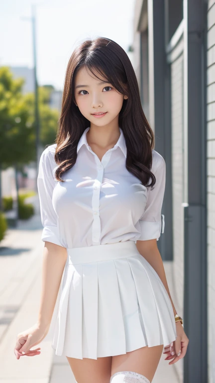 (8K, best quality, masterpiece:1.2), (realistic, photo-realistic:1.37), (high color saturation:1.0), (highly detailed skin), (highest quality:1.0), (ultra high resolution:1.0) ,(realistic:1.0), (Super detailed:1.0), (8K, Raw photo:1.1)、standing random pose, smiling, natural breast, perfect lighting, ((3girls students)), 18years old, (mysterious), clear and detailed, ((school_uniform, Japanese sailor uniform, flared skirt)), (indoor school climb the stairs), surprised face, (white_panties), looking at back viewer, nsfw, low angle photo,