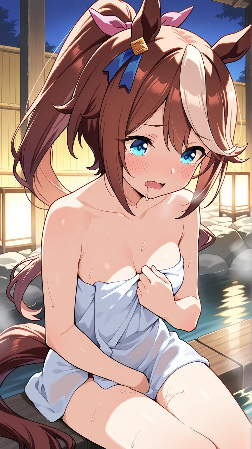 1girl, tokai teio \(umamusume\), solo, onsen, from back, looking back, highly detailed, best quality, masterpiece, small breasts, bathing, cinematic angle, explicit, nsfw