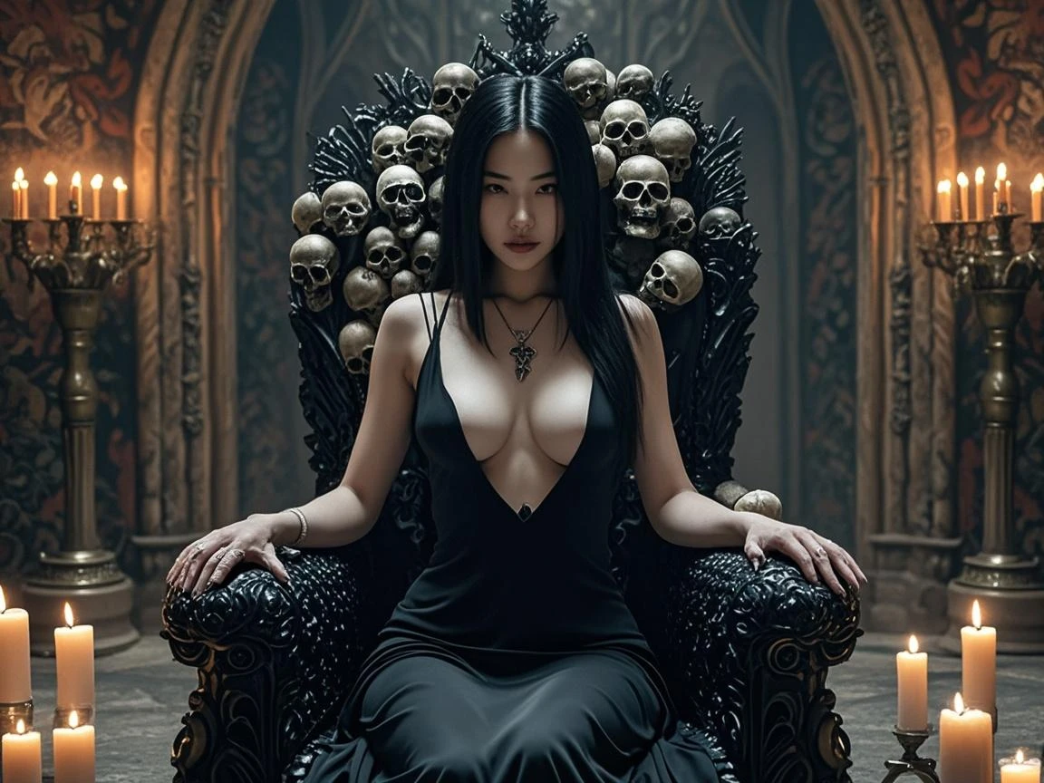 attea, half body, sitting on throne, throne made from skulls, masterpiece, best quality