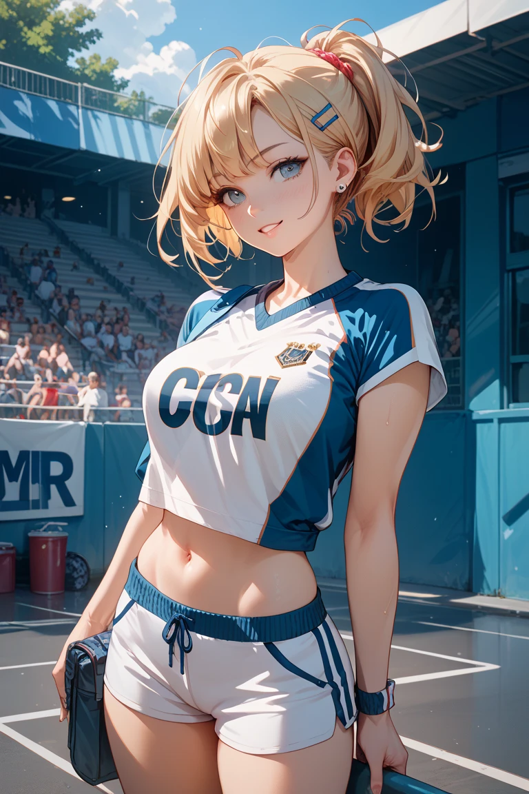 eliayase, eli ayase, yellow hair, blue eyes, ponytail, hair ribbon, (masterpiece:1.2), best quality, high resolution, unity 8k wallpaper, illustration, beautiful detailed eyes, glossy lips, lips parted, extremely detailed face, perfect lighting, extremely detailed CG, (perfect hands, perfect anatomy), cheerleader, midriff, cleavage, grass, sitting, (knees bent)