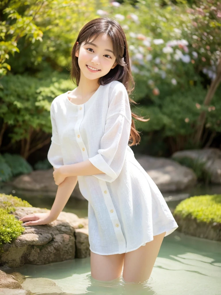one girl,Tabletop、(Highest quality、4K、8K、High resolution、masterpiece: 1.2)、Very detailed、(Genuine、photoGenuineistic、photoGenuineistic: 1.37)、Full Body Shot、blueＴshirt、Brown hair short cut,Complex and beautiful eyes、woman、short hair、Natural color lip、Bold and ???? pose、smile、garden、 year old beauty、A cute and ???? shot of her looking at the camera