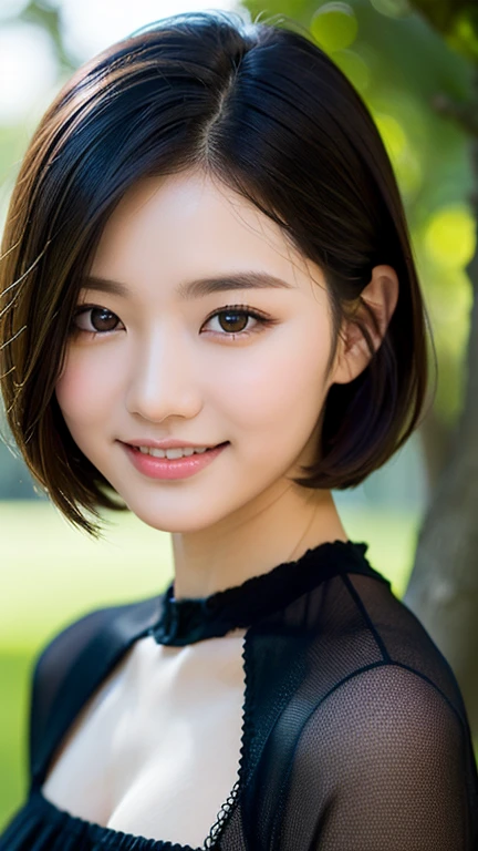"Beautiful woman, Black Hair, short hair, Charming smile, Bright Eyes, Soft Skin, Stylish Fashion, Natural pose, high resolution"
