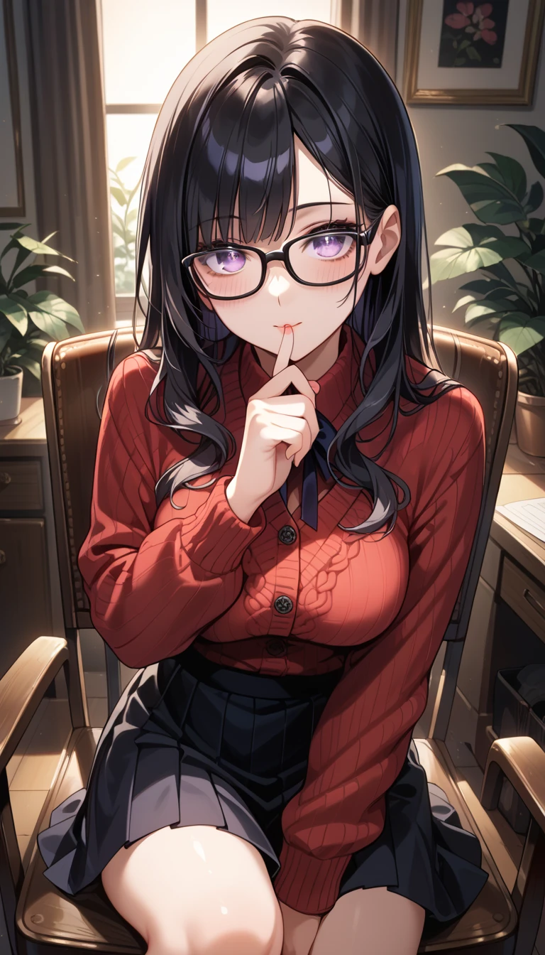 nsfw, Masterpiece, top quality, highly detailed, Beautiful mature girl wearing black frame glasses, long pink  hair ponytail with bangs,Black  uniform with red trim, red tie and thigh-high black stockings