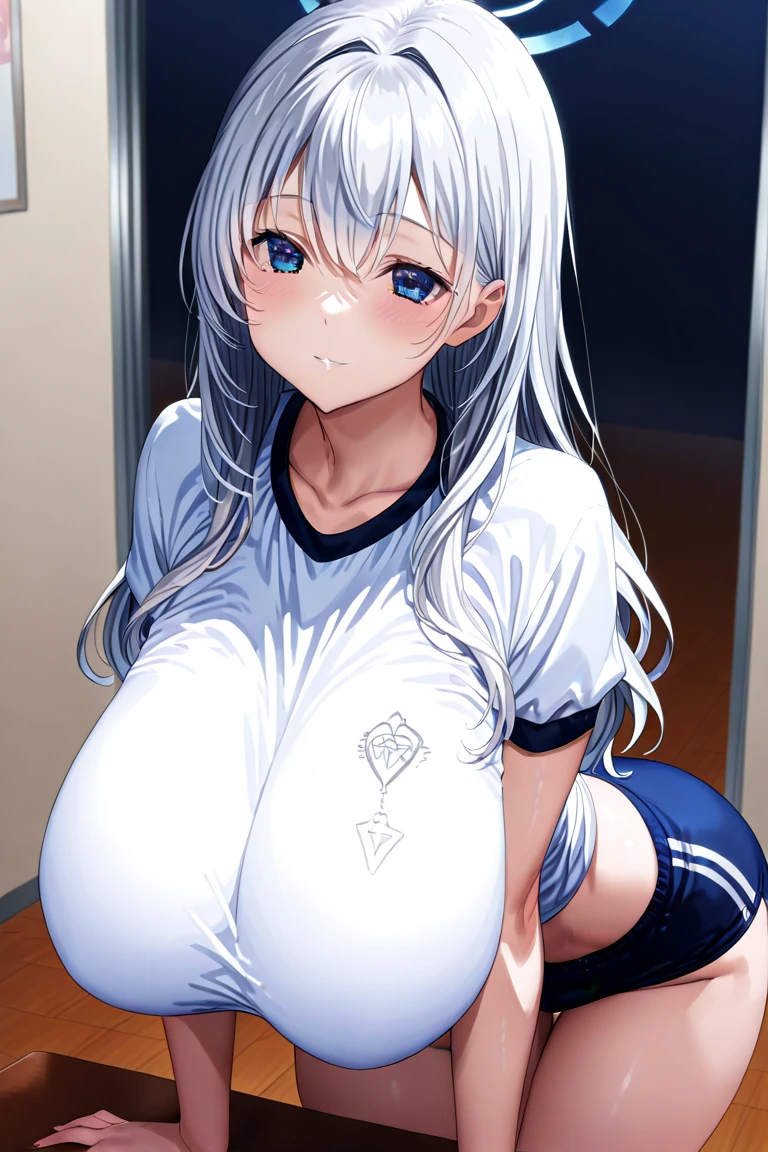 (((masterpiece))), ShizukaMikazuki, One Girl, alone, Make eye contact,Long Hair, Gray Hair,White skin, Long sleeve, Huge breasts,Cleavage, Large Breasts, Mature Body,clavicle, Jacket, Open clothes, open Jacket, blue hoodie, Play sports often, blue eyes,Earrings ,Choker with charm,Sweat,High Ponytail,Embarrassed face, Crying face,Increase breast size, Make the face a little smaller,Abdominal muscles,Exposed nipples,Exposed Pussy,Spread your legs, Hold out your hands