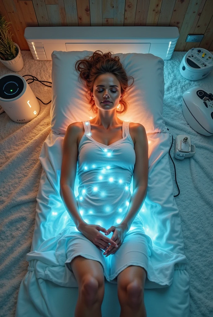 a pink bikini lying on a bed next to a machine that says “gender change device”