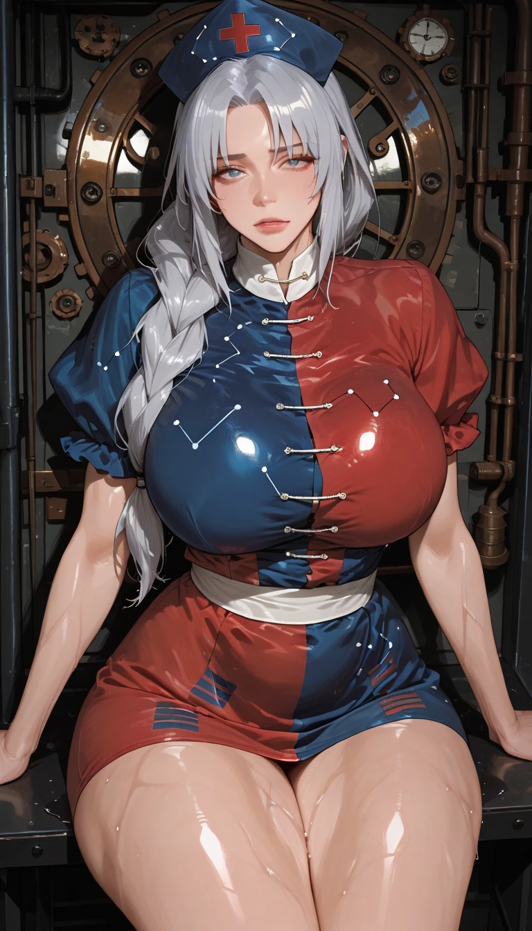 (masterpiece, best quality:1.3), (story, manga:1.3), Yagokoro Eirin, Touhou Series, perfect face, expressive eyes, 1woman, looking at viewer, 38 years old, gorgeous body, big breast, beautiful, anime, lora,1woman, silver hair, braid hair, nurse cap, red and blue clothes, long skirt, (evil look, looks down on viewer:1.5), (cinematic lighting, realistic, dream-like, enchanting atmosphere:1.3), (photo of a woman in her dark and mysterious environment:1.3), (the woman surrounded by an aura of mystery and intrigue:1.3), (a dark and mysterious laboratory decorated with many flasks, each filled with colorful liquids:2.0), (a crystal ball nearby, adding to the mystical setting:1.3), (a hint of incense in the air, adding to the sensory experience:1.3),
