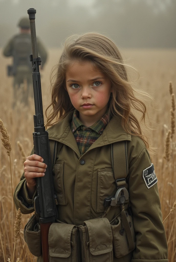 Russian child girl BLONDE, green background, photorealistic, portrait, best quality, perfect detailed face, (long hair: 1.1), (blonde hair:1.3), stunning green eyes, (modern military clothing:1.1), (camouflaged clothing:1.1), military cap, (fully clothed:1.2)