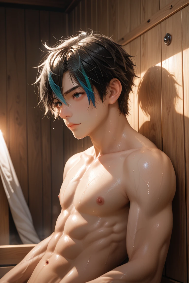 create a skinny anime boy with light green eyes , with dark hair and a very large nose