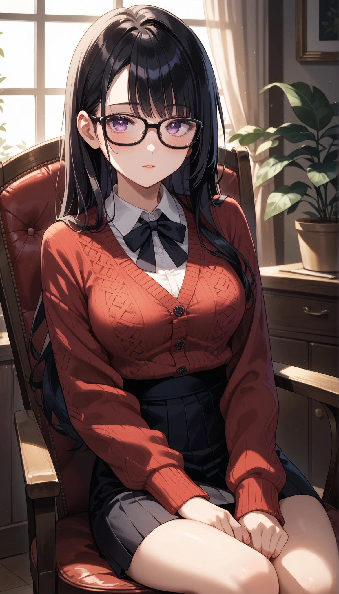 Red knitted cardigan,black above the knee skirt,(((medium breasts))),((black hair)),(((Black Glasses))),((high Quality)),((chair in the left hand examination room)),((very detailed face)),(( very detailed body)),((highly detailed eyes on garvet)),beautiful eyes on my stomach,beautiful eyes,Purple Eyes,High quality file size is large, Highest Quality, 8K wallpaper,long hair,blush,room