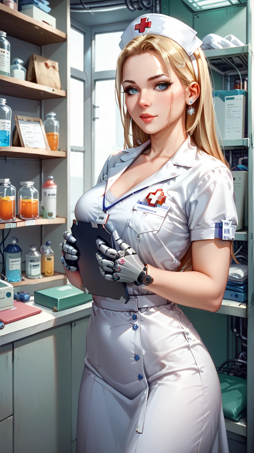 blonde blue eyes cartoon with little smiling expression, big cleavage and Sweaty body