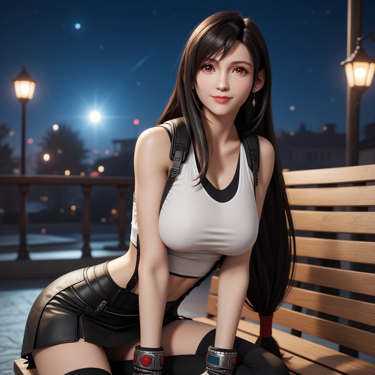 official art, unity 8k wallpaper, ultra detailed, beautiful and aesthetic, masterpiece, best quality, 1girl, extremely detailed, dynamic angle, cowboyshot, elegant, vivid colours, romanticism, yoshitaka amano, frank frazetta, atmospheric. Tifa lockhart, long black hair, red eyes, hair bangs, (white tank top:1.5), white top, (black miniskirt:1.4), suspenders, stockings, (huge breasts:1.5), cleavage, on a tropical beach, plants, sunshine, bokeh background, (red eyes:1.5)one girl, 1 girl, thin waist, wide hips, exposed abdomen, toned abs, toned arms, close up, see through clothes, semi transparant clothes