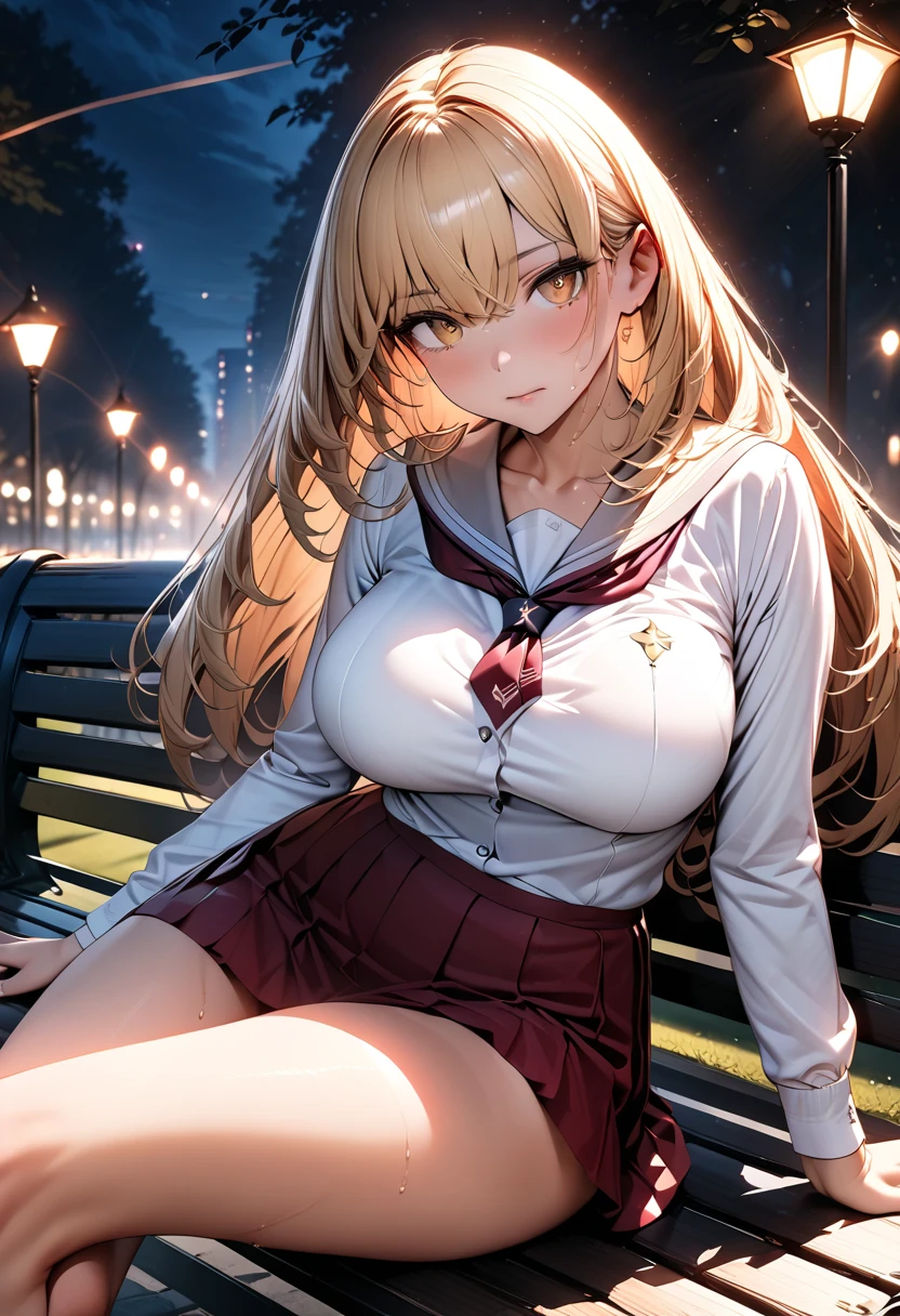 (High quality, High resolution, Fine details), Starry sky, Midnight Park, check pleated skirt, Sitting, (Spread legs), (Panty Shot), solo, curvy women, blond hair, sparkling eyes, (Detailed eyes:1.2), smile, blush, Sweat, Oily skin, shallow depth of field, Soft tones