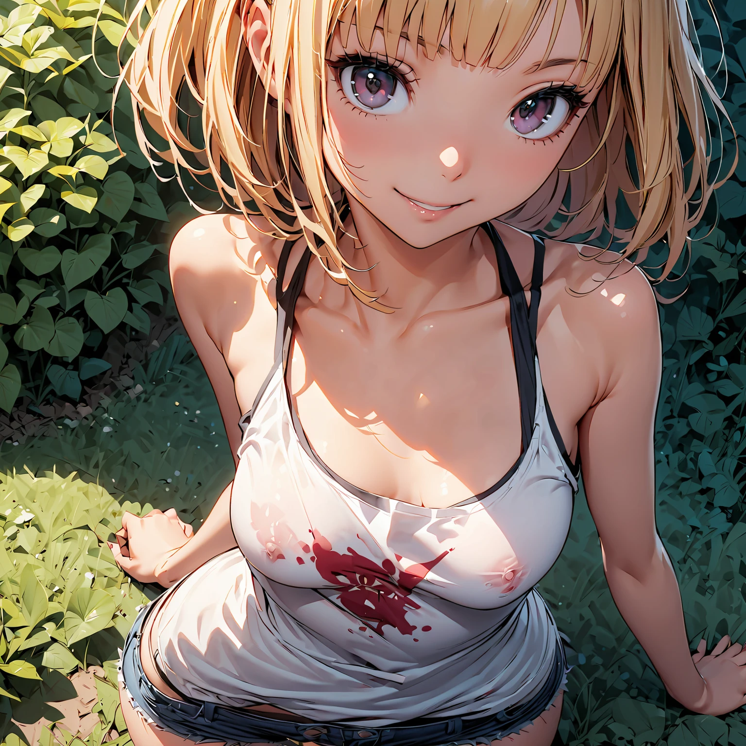 1girl, in park, hair bang, hairstyles, in the style of blue and light off shoulder t-shirts,, dreamy and romantic compositions, white, playful arrangements, fantasy, high contrast, ink strokes, over exposure, blue and white tone impression, abstract, attractive pose,