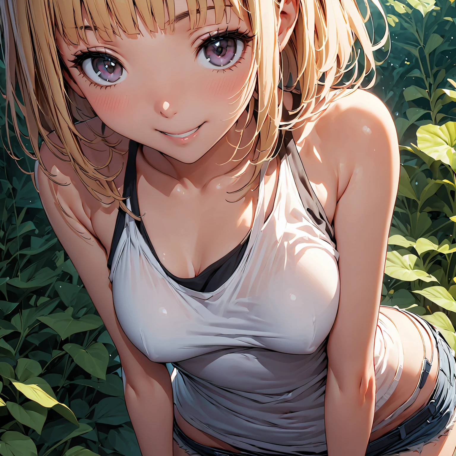 1girl, cute, slender, round face shape with angular jaw, blonde with bangs, grey eyes, bikini top, picking wet pink colorful mushrooms in a celestial forest, sunshine, stripe socks, pink skirt, hhorny touch, windy