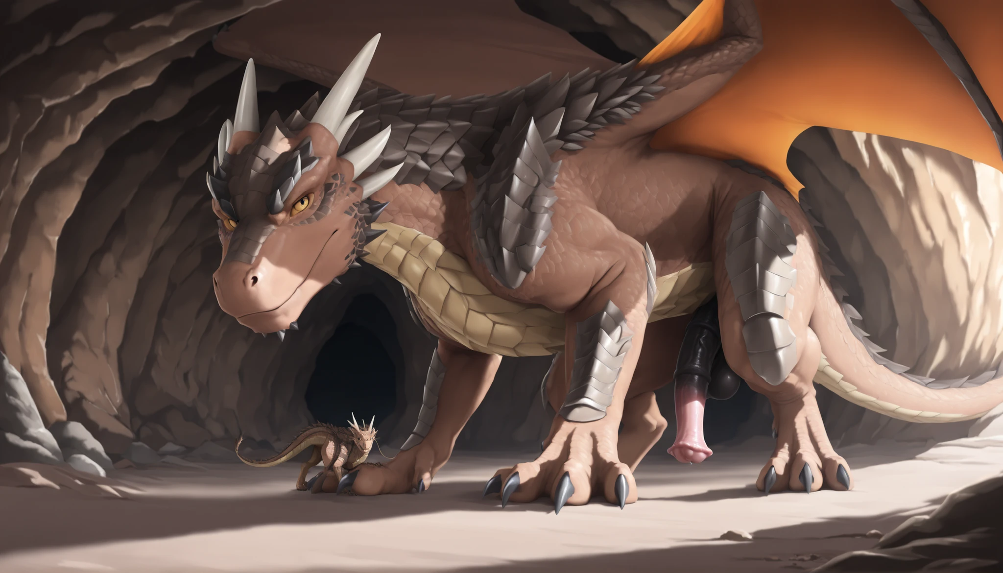 score_9, score_8_up, score_7_up, score_6_up, masterpiece, high quality, realistic, detailed, best quality, ((duo:1.3)), ((FULL view, full body, far view))rating_explicit, source_furry, solo, front view, front shot, ((standing, all fours, looking at viewer, tall creature)), negative_hand, full body, standing, BREAK draco_dh, dragon, brown scales, wings, horns, claws, tail, male, 1boy, feral, yellow sclera, equine penis, ((Detailed cave background, medieval setting)),