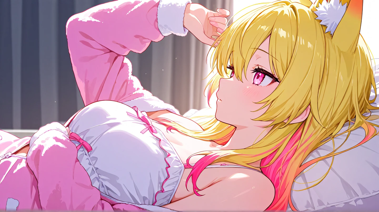 rating: general,  <lora:Chika_Chosokabe_from_LiL:0.9>, chika, 1girl, blonde hair, solo, looking at viewer, computer, parted lips, ponytail, off shoulder, indoors, poster (object), shirt, blush, upper body, bed, breasts, gyaru, masterpiece, best quality
