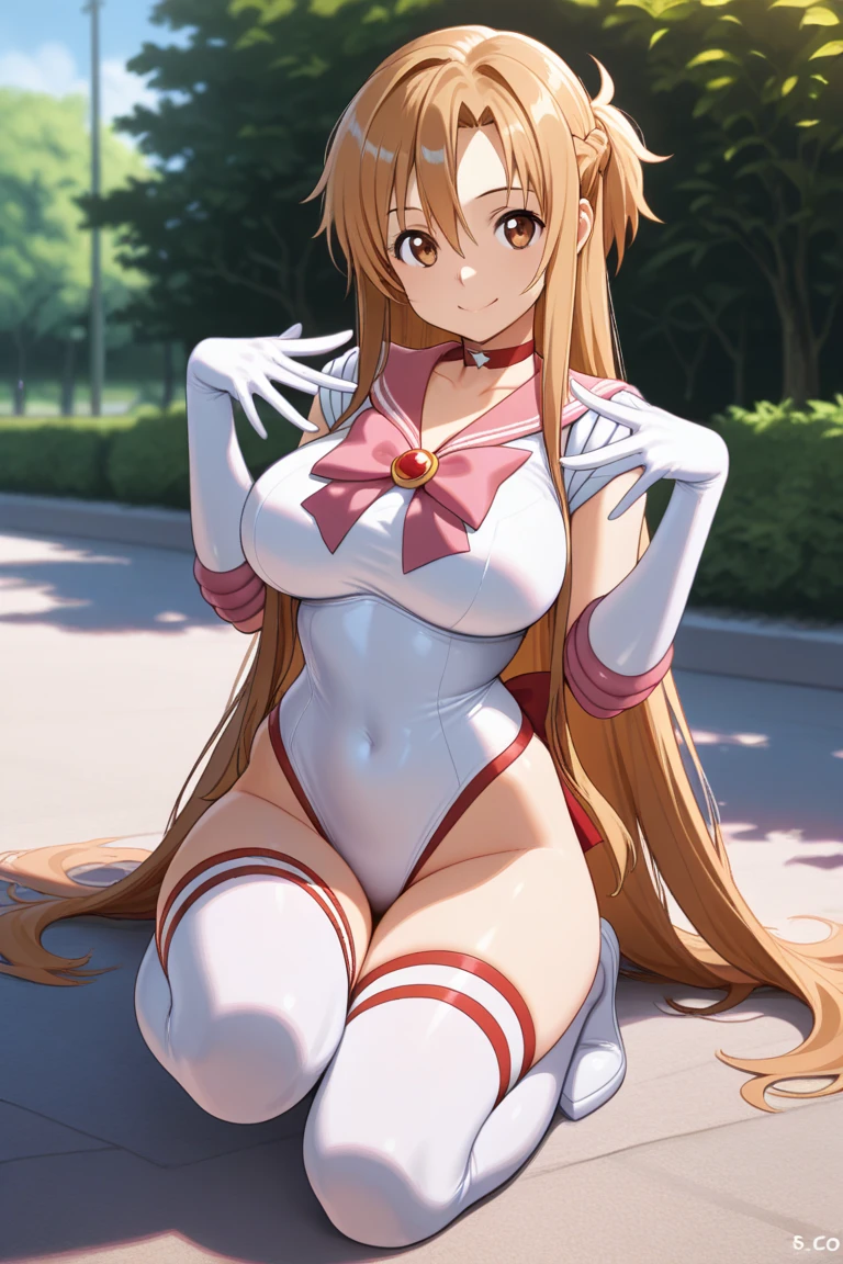 Masterpiece, Best Quality, High Resolution, SV1, Sailor Warrior Uniform, Elbow Gloves, Tiara, Red Bow, Orange Choker, Orange Sailor Color, White Gloves, Jewelry, White Leotard, (Example Pool)), Street, ((from the front)), Perfect Arms, ((squatting on the ground)), Crotch wide open from side to side, Arms behind the head, Armpits showing, Staring at the viewer, (( Face the front of the body to the viewer, crotch wide open from side to side towards the viewer)), embarrassing, blush, bare feet, high heels frontal shots