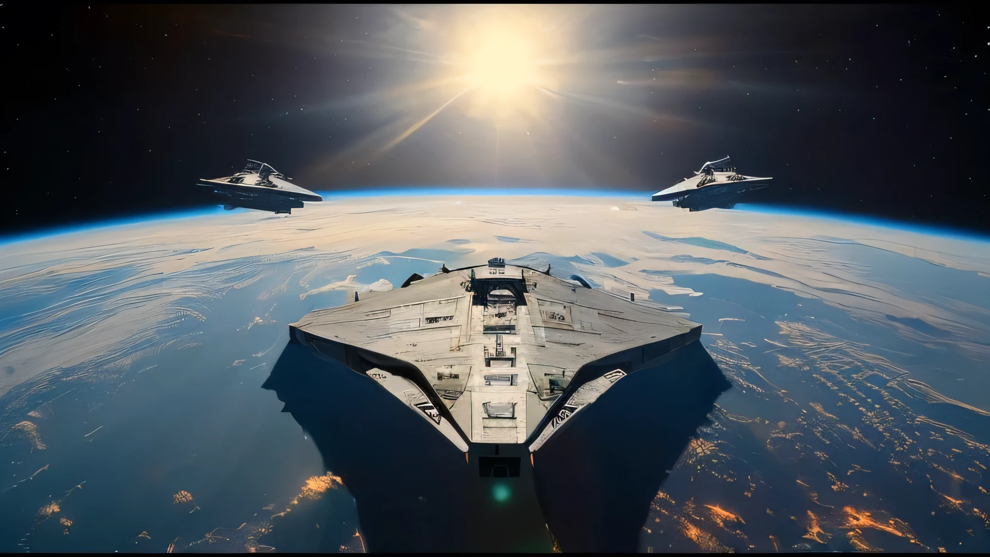 spaceships flying over the earth in space with the sun shining, star destroyers, alien space ships, stardestroyer in the background, world of war spaceships, spaceships flying around, spaceships flying, spaceships flying in background, spaceships flying above, space war between china and usa, spaceships in the sky, dogfighting a ufo with lasers