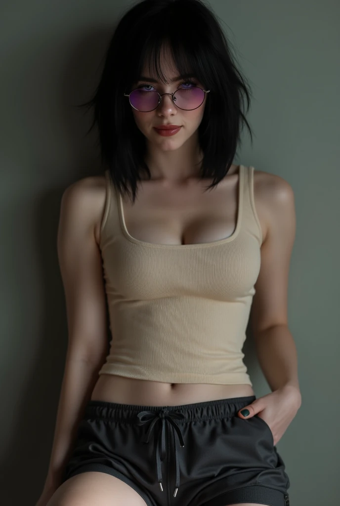 ((best qualityer, 8K, work of art :1.3)),   sexy perfect body,    (aunty_aunty),  ((black short hair)),    high-detailed face,    and detailed texture,    detailedeyes,   double eyelid.    Makeup face.    red lipgloss stick,

((wearing glasses)),    ((sexy sling shirt)),   Legs long_whole body.    Kneeling.   looking at side.   corpo sexy.  seen from side.   filmed from a side angle,    on top of the bed