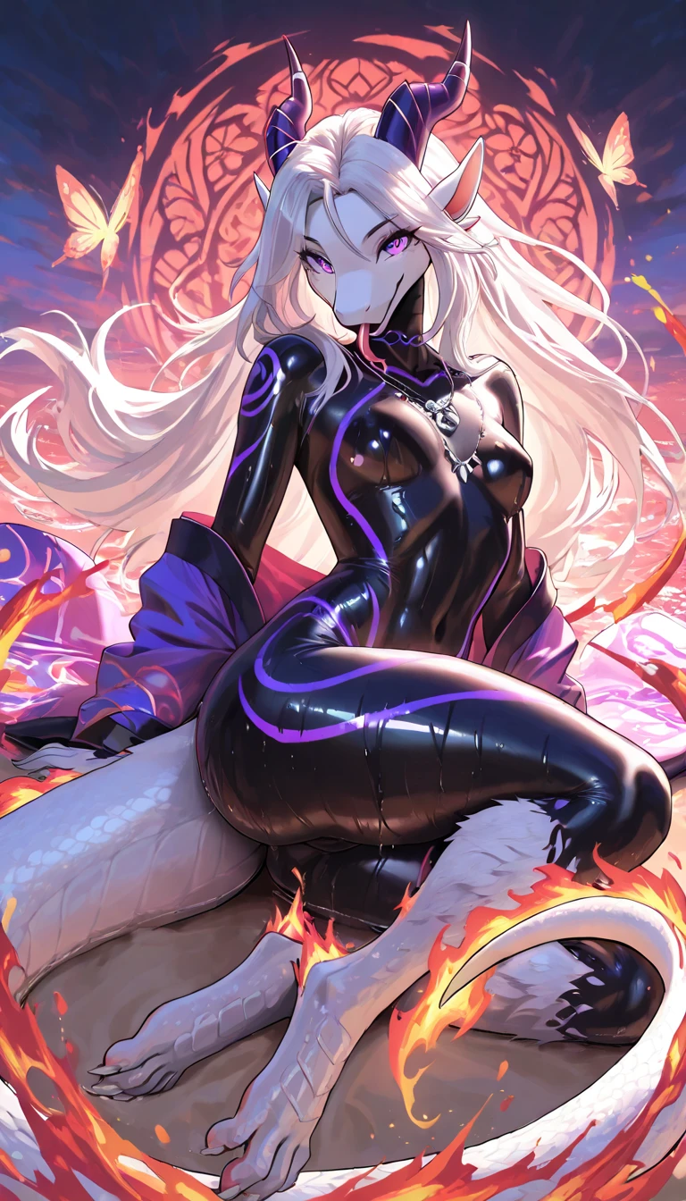 1girl,tall,mature female,30s,sensual face,black langerie,cleavage,black armor,medusa hair,sexy,pointy ears,(mgedemon),white hair,night,red moon,night sky,floating,full body,smile,dancing on sky