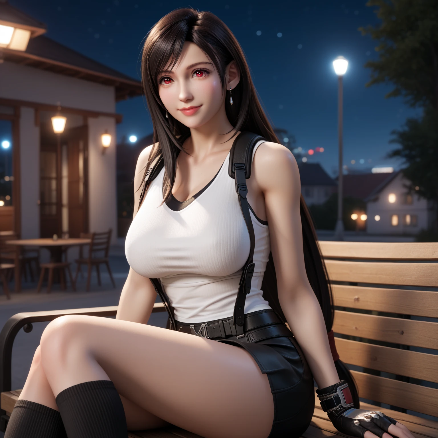 natural(Large breasts:1.25), (micro:1.4)short black leather skirt, (Raw photo, Best Quality, masterpiecel1.4), (Realistic, Photorealsitic:1.37), Photo of relaxed Japanese girl & Oversized black jacket, White sheer cami top, View here, Seductive smile, (Kpop Idol), well-groomed hair, Medium Hair, (Pink blush), (Lighting), Wooden bench, sit like a woman, Legs close, Closed legs, (Solo), Dynamic Pose,(Puffy eyes:1.3), (Slim legs), nffsw, Highly detailed, Ambient Occlusion, Outdoors, Mole on inner thigh、Natural park, Harmonious composition, Fine Art Photography,