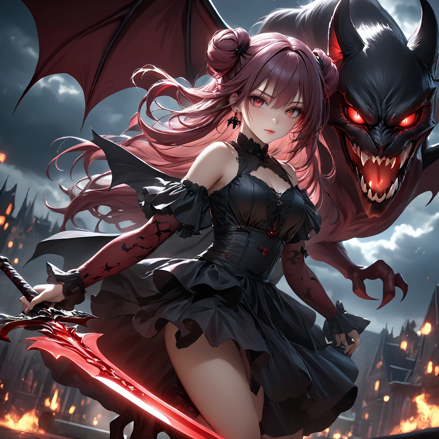 {a Zombie girl}, human_no,Monster,zombie,horor,Gothic Dress,Long Skirt, BREAK holding_weapon(drool),weapon in right hand,perfect weapon,BREAK,angry face, tears, Black Hair, Purple Eyes, {zombie skin}, Red headphones,perfect face,perfect hands,BREAK background(rain, Old townscape, A fugitive々, Grey Sky, cigarette, inflammation, Black Dragon), detailed background, artistic,BREAK she chases people., BREAK masterpiece, best quality, super detailed, super fine illustration, 8k quality, anime style, detailed background, beautiful background, dynamic angle, ass pov,horor horor horor,battle scene,BREAK a crown,masked face,standing behind her,