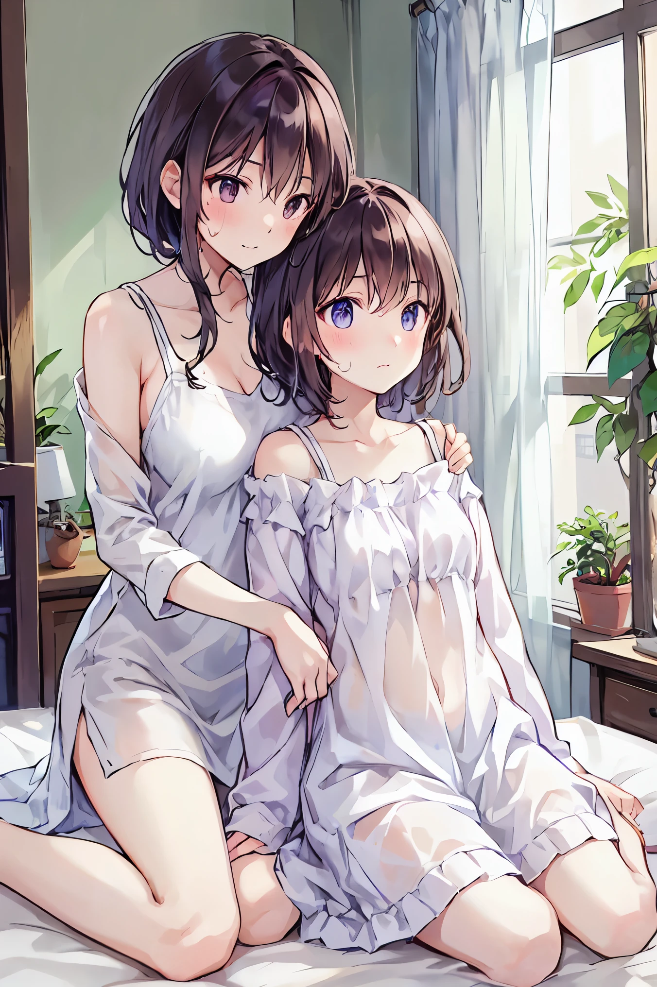 ( table top in bed)( high resolution )couple in their 20's, female1名、female向けロマンス、 Sparkling atmosphere 、Glossy appearance、 devours each other however they like、interview、 sweaty、maleがfemaleの胸や体を触る、femaleがmaleにキスをする、make、female( medium brown hair 、 A little large 、 nightgown 、近いeye)、Sweet Sigh、male( black hair shorts、Half-removed shirt、 feet 、Strong and intimate ~ eye)、background(room、 bed、Turn off the lights、I closed the curtains....)、The night deepens、dim、 brown hair, shortcuts, disheveled hair , short braided hair, Neat , slender beautiful female, correct posture,small breasts, 美しいfeet,魅惑的なグレーブルーのeyeは星のように輝いている,垂れeye, Vivid Colors ,美しいeye,A delicate smile,Textured Skin, BEST QUALITY BEST ,優しくて美しいfemale, anime style、