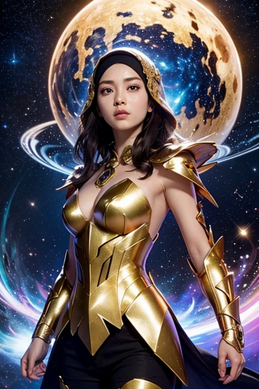 in style of Thierry Mugler,character concept design, half body,Japanese wizard,rococo style,galaxy,Fractal,Halo,