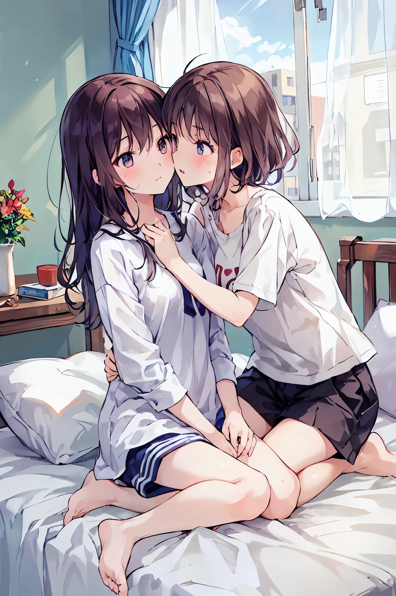 ( table top in bed)( high resolution )couple in their 20's, female1名、female向けロマンス、 Sparkling atmosphere 、Glossy appearance、 devours each other however they like、interview、 sweaty、maleがfemaleの胸や体を触る、femaleがmaleにキスをする、make、female( medium brown hair 、 A little large 、 nightgown 、近いeye)、Sweet Sigh、male( black hair shorts、Half-removed shirt、 feet 、Strong and intimate ~ eye)、background(room、 bed、Turn off the lights、I closed the curtains....)、The night deepens、dim、 brown hair, shortcuts, disheveled hair , short braided hair, Neat , slender beautiful female, correct posture,small breasts, 美しいfeet,魅惑的なグレーブルーのeyeは星のように輝いている,垂れeye, Vivid Colors ,美しいeye,A delicate smile,Textured Skin, BEST QUALITY BEST ,優しくて美しいfemale, anime style、