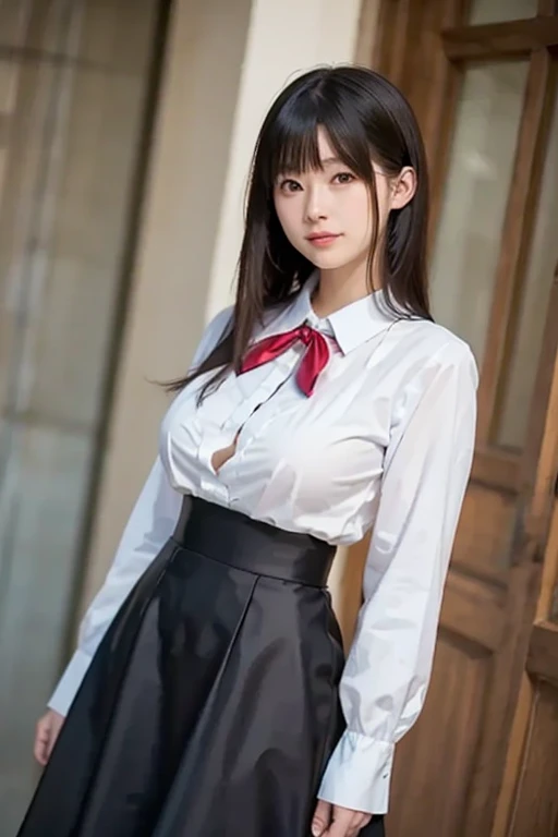 （8k、RAW Photosgraphy、highest quality、masterpiece：1.2),Black Pantyhose,Absurd,Small Face,,Flat Chest,前hairを真ん中から分ける、The forehead is visible,(eyeを細めて,strong,skinny,Sanding,Rage)、masterpiece,highest quality、超A high resolution,RAW Photos,Len,Beautiful poop,one person, solo,Glasses,,Dark look,非常にLarge Breasts,whole body,Round Glasses、cute、Japanese women,standing,(eyeを細めて,strong,skinny,Sanding,Rage,,Huge breasts)、（Photorealistic：1.37）、Photon Mapping,Light blue ribbon,Realistic、cute顔,茶色のeye、Black socks、(Red bow tie)、Radio City、物理ベースLenダリング、prospect、Depth of written boundary、Blurred Background、picture,Girls、body, Long legs, Thin legs,ponytail,(前hairが見える), hair, Lips, green_eye, Nose Soft,White shirt, Navy blue and white plaid pleated skirt, I can see your knees,See-through clothing,, thigh, black cotton socks,Nogizaka Idol, , Japanese Ido、Large Breasts、Open your shirt to reveal your chest、Cleavage、How to put out panties、whole body写真、Shirt buttons fly off