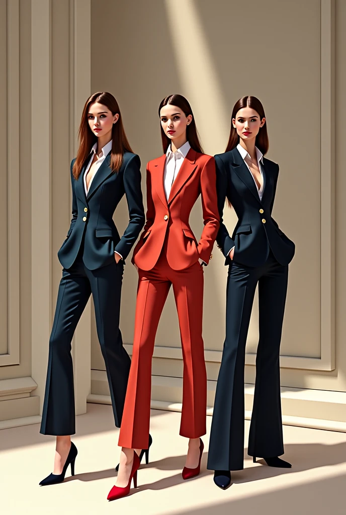 4 women in suits and heels standing next to each other, women full body, wearing fashion suit, in blue and yellow clothes, high fashion classy, digital art of an elegant, elegant clothes, suits, office clothes, in style of digital illustration, modern fashion outfit, business attire, fashion style, detailed fashion illustration, wearing a suits, stylish suit, elegant suit