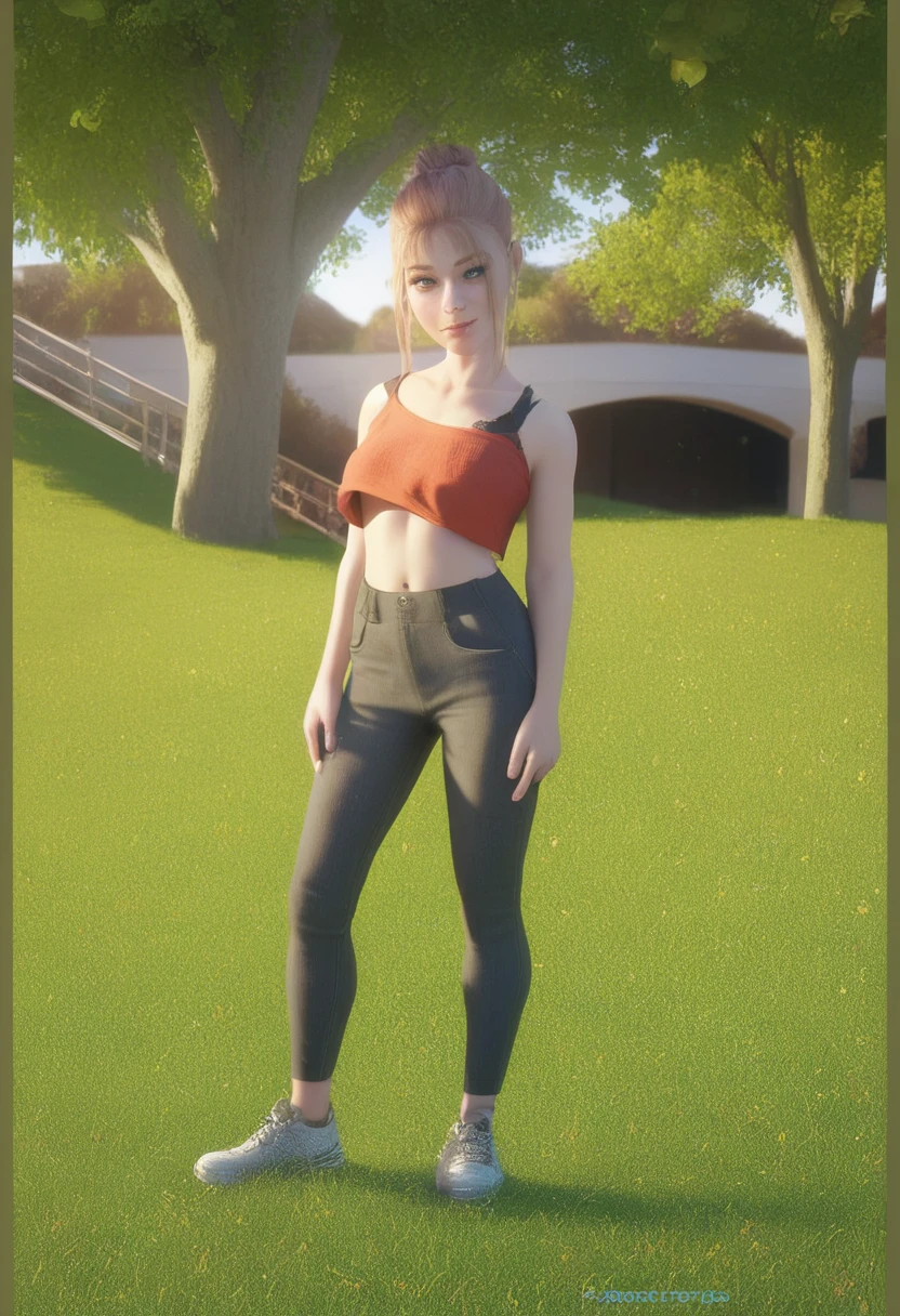 xyzruby <lora:Ruby:0.6>, wearing red clothes, camo pattern, red_pants, sports bra, (realistic:1.5), posing, outdoors, mountain view, forest, trees, octane render, ambient occlusion, nose, solo focus, 1girl, makeup, mascara, long hair, earrings, long hair, lips, ((sweatshirt)), wearing a hat