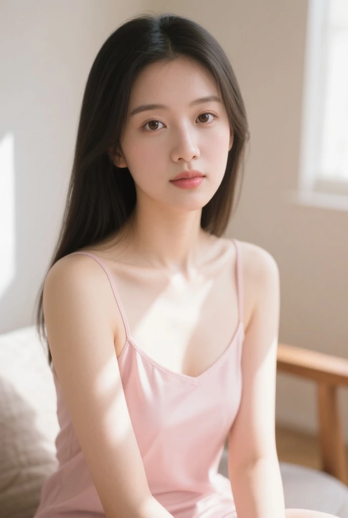 (((Highest quality,Very detailed,masterpiece,Very detailed))) ,(((Downward))),((Spread your legs)),loose breast,Camisole with showing through,one piece,barefoot,One Girl,Realistic,Bedroom、Looks sleepy