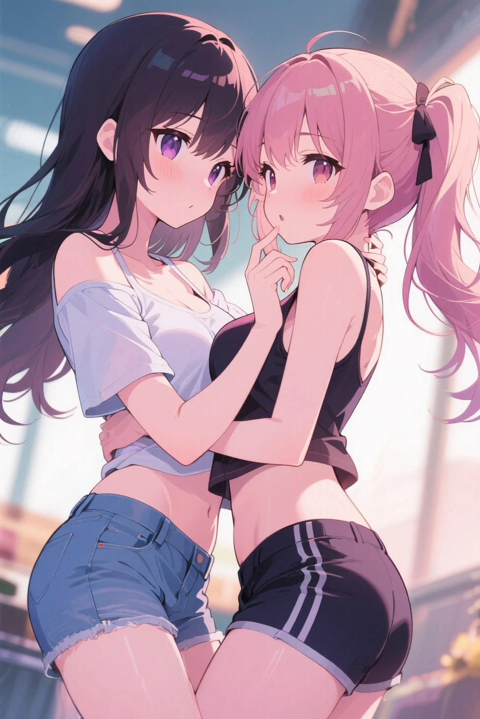 NSFW,Very long hair、Messy Hair、Flat Chest,Tank top,cropped,Shorts,pantyhose,(Perfect hands),(Perfect Anatomy),(masterpiece),(highest quality),(Embarrassed:1.5),blush,Shy laugh,Downtown at night,Back Alley,Street lamp