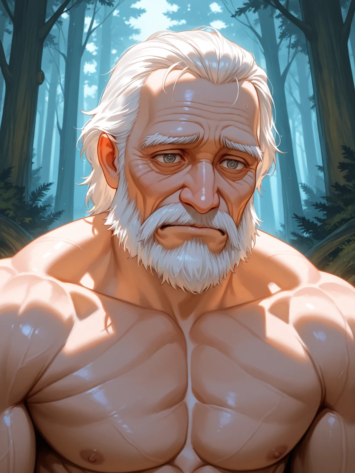 arafed man with a beard and a knife in front of a campfire, muscular werewolf, painted portrait of rugged zeus, greybeard, portrait of rugged zeus, muscular character, father time, epic character art, iconic character splash art, painted portrait of rugged odin, muscular male hero, epic digital art illustration, epic full color illustration, epic character portrait, by Drew Tucker