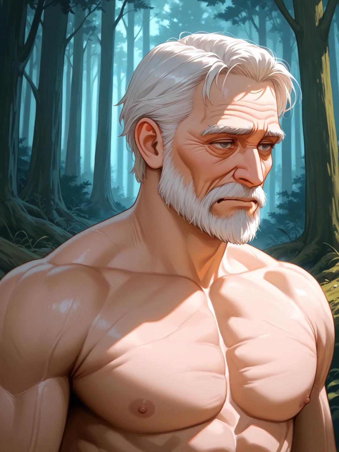 (muscular, aged man:1.2), dense jungle, intense atmosphere.