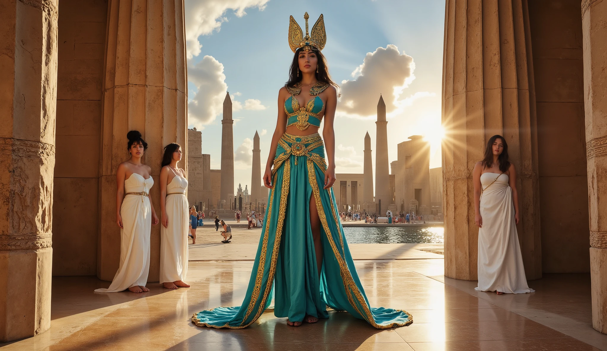 , the ancient Pharaonic queen, standing majestically on a polished marble dais within the Temple of Luxor, cloaked in a vibrant Brazilian vestido de baiana of turquoise and gold, adorned with swirling carnival-inspired patterns and voluminous lace, wearing an ornate golden uraeus headdress topped with a sapphire and a pectoral necklace encrusted with emeralds and pearls, her ethereal beauty radiating power and vibrancy, depicted in a hyper-realistic style with intricate fabric folds and soft, reflective lighting, beneath a vibrant twilight sky with hues of orange and purple, the background showcasing towering obelisks and the Nile’s tranquil waters, accompanied by graceful Pharaonic dancers in ornate white garments.