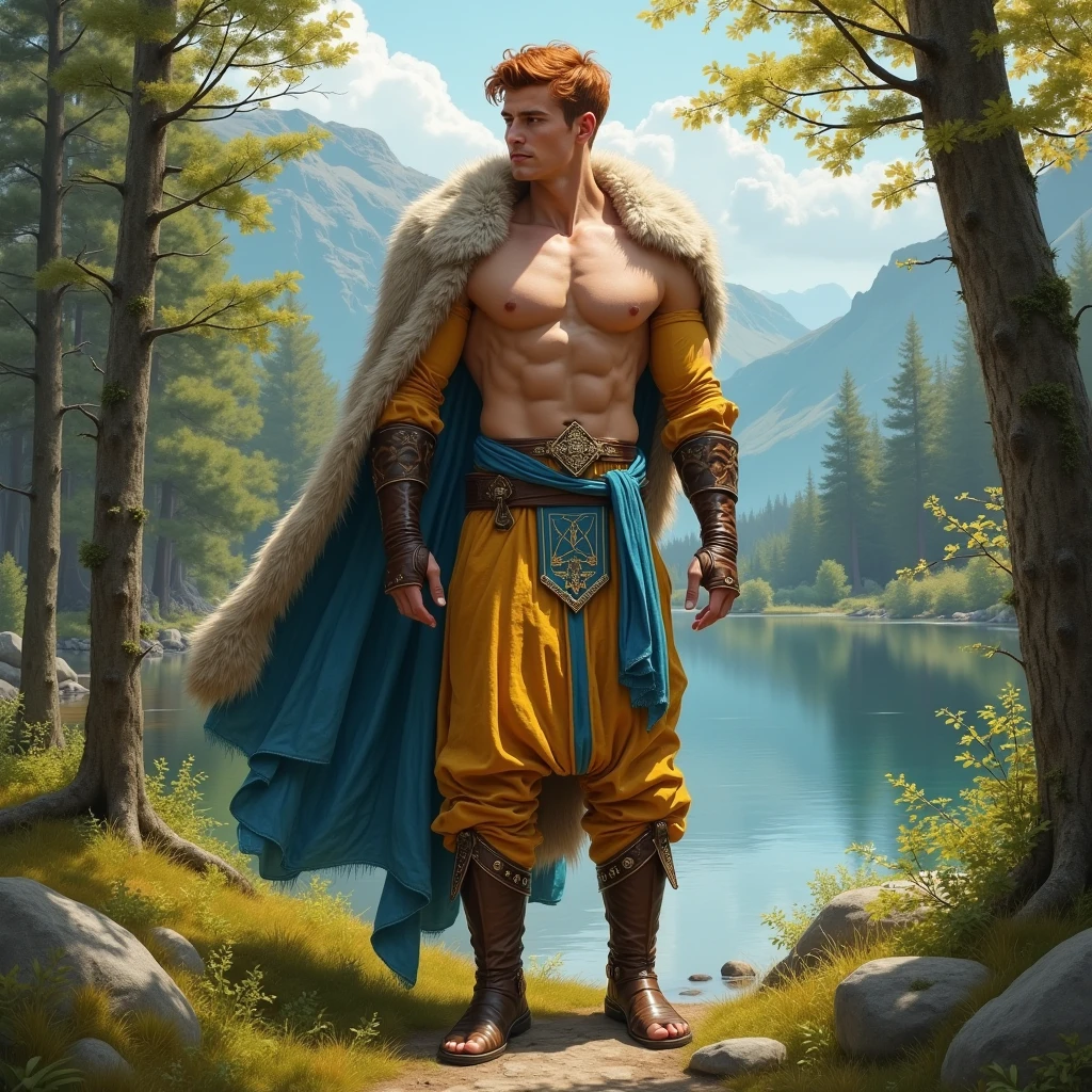 Stunningly light skin muscular ginger guy, walking near river, without clothes, sin camisa, with short hair quiff haircut, muscular body, cuerpo de Dios griego, small waist, beautiful d&d character portrait, dark fantasy, golden hour, ethereal, pixar, detailed, realistic face, digital portrait, intricate details, fiverr dnd character, wlop, artstation, hd, octane render, in the style of artgerm and rutkowski, beautiful landscape, realistic and natural, detailed full-color, nature, hd photography, perfect composition, gloss, hyperrealism --auto --s2