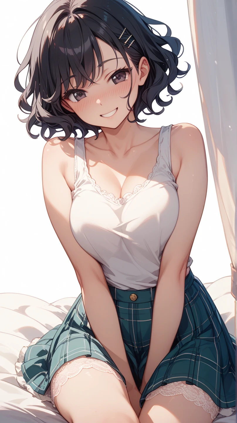 (high quality)、(high resolution)  primary school students、looking at me with a smile、whole body、medium breasts、Sleeveless Button Down Collared Shirt.、small tight miniskirt、