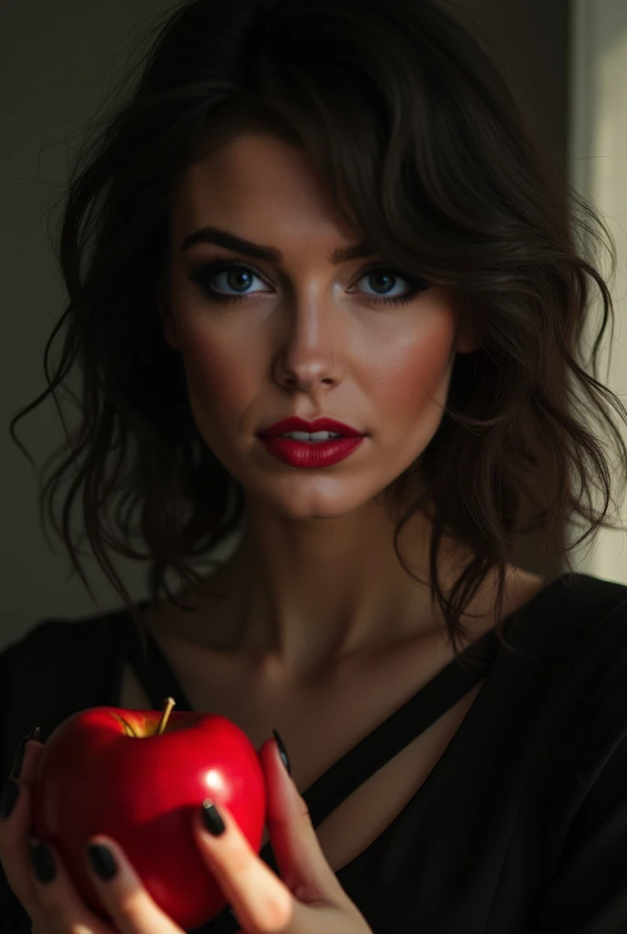 (generate princess beautiful sexy snow white from disney holding an apple, German beauty, Anglo teen, sexy, cleavage, beautifull face, pretty face, beautifull eyes, beautifull nose, raytracing, beautifull fingers, beautifull hands, ample cleavage, (4 fingers in 1 hand), full body photoshoot, pretty makeup, perfect anatomy, good lighting, professional photoshoot, sharp eye, fresh lips