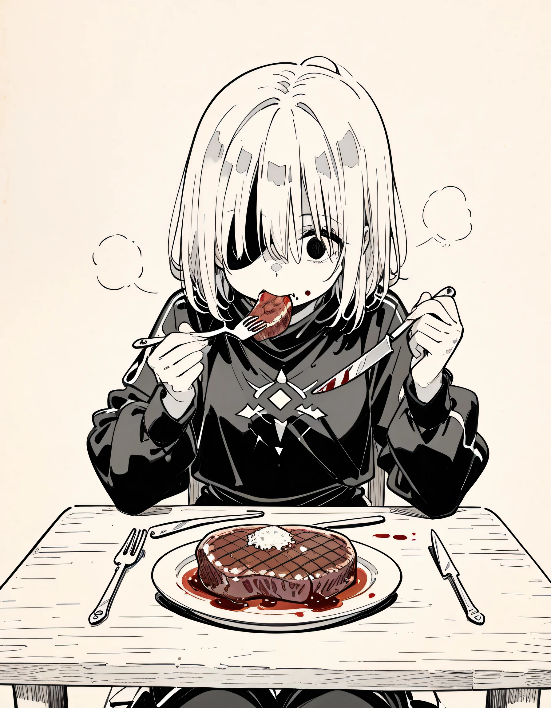 girl with white hair. crazy. red eyeS.  eating meat. black sweatshirt. fanart. scar on neck.