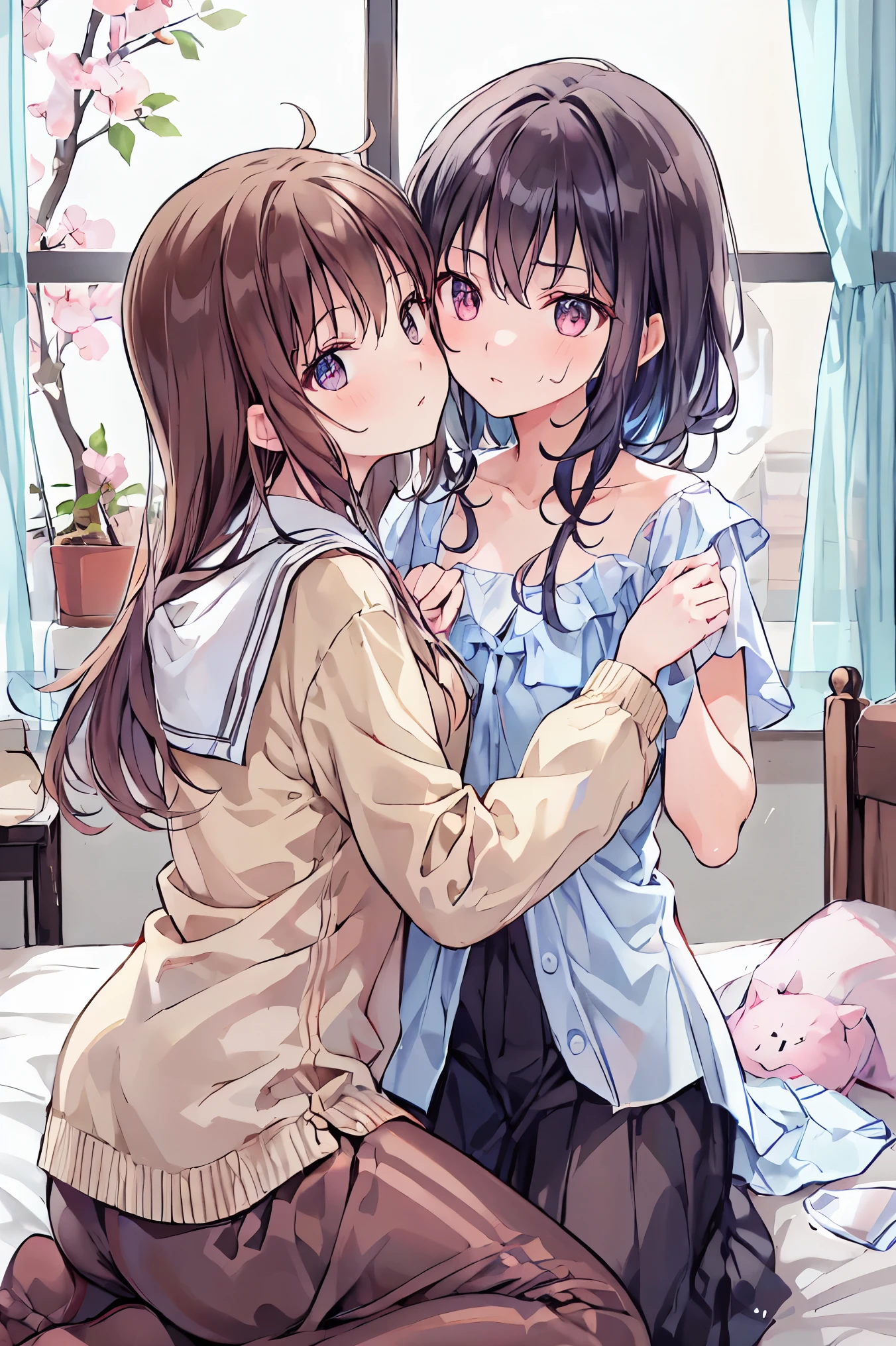 ( table top in bed)( high resolution )couple in their 20's, female1名、female向けロマンス、 Sparkling atmosphere 、Glossy appearance、 devours each other however they like、interview、 sweaty、maleがfemaleの胸や体を触る、femaleがmaleにキスをする、make、female( medium brown hair 、 A little large 、 nightgown 、近いeye)、Sweet Sigh、male( black hair shorts、Half-removed shirt、 feet 、Strong and intimate ~ eye)、background(room、 bed、Turn off the lights、I closed the curtains....)、The night deepens、dim、 brown hair, shortcuts, disheveled hair , short braided hair, Neat , slender beautiful female, correct posture,small breasts, 美しいfeet,魅惑的なグレーブルーのeyeは星のように輝いている,垂れeye, Vivid Colors ,美しいeye,A delicate smile,Textured Skin, BEST QUALITY BEST ,優しくて美しいfemale, anime style、